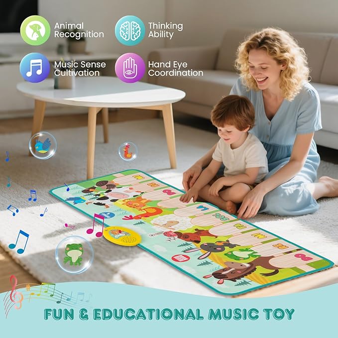 Costzon Floor Piano Mat for Toddlers, Musical Touch Playmat Keyboard Dance Mat, 10 Animal Sounds, 10 Keys & 10 Built-in Songs, Kids Sensory Educational Toy Birthday Gift for Boys Girls (37.5” x 14”)