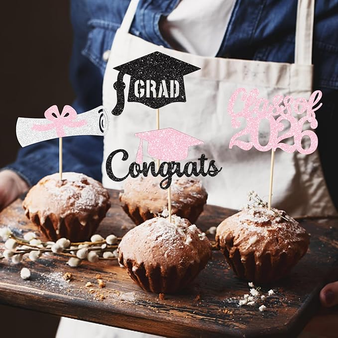 Pink Graduation Cupcake Toppers Decorations Class of 2026 Cupcake Topper Graduation Cup Cake Picks Congrats Grad Party Decor Supplies Set of 24