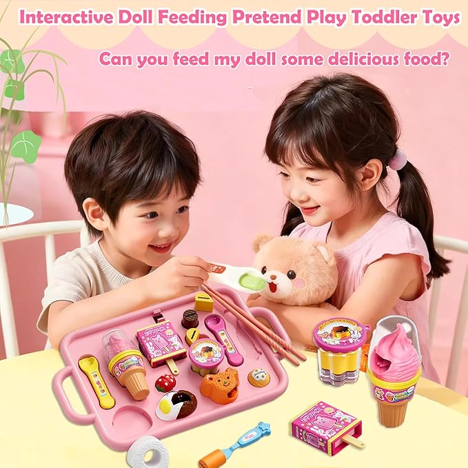 Pudding Ice Cream Feeding Toys for Dolls,Pretend Play Food Kitchen Accessories, Doll Role Play Girl Gifts Toys (Pink)