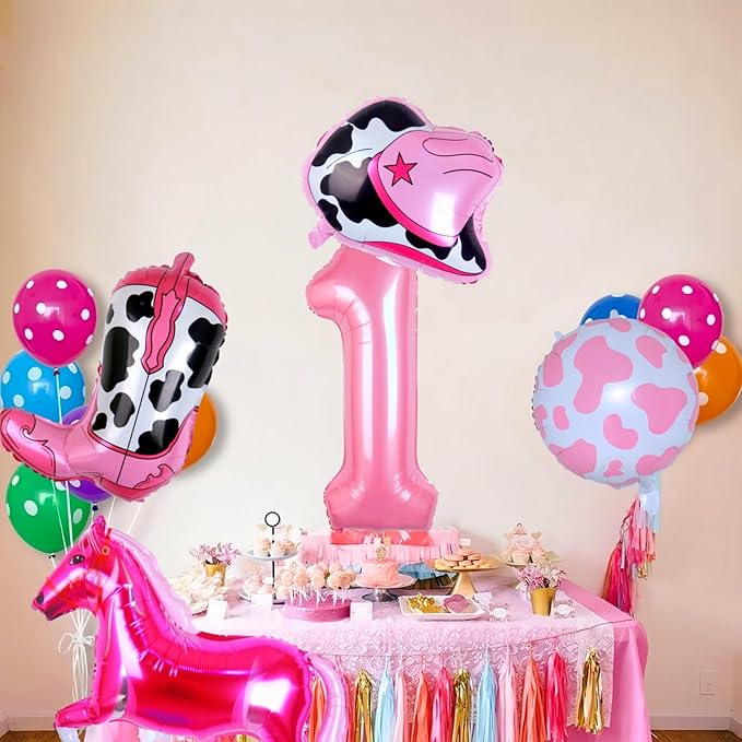 Cowgirl Balloons First Rodeo Birthday Party Decorations for Girls, Pink Horse Hat Boot Cow Balloons Disco Girl 1st Rodeo Birthday Party Decor Supplies Favors (32 Inch Pink 1)