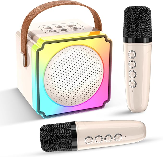 Mini Karaoke Machine for Kids and Adults,Portable Bluetooth Karaoke Speaker with 2 Wireless Microphones, Kids Karaoke Machine for Home Party,Birthday Gifts for Girls Boys（Beige）