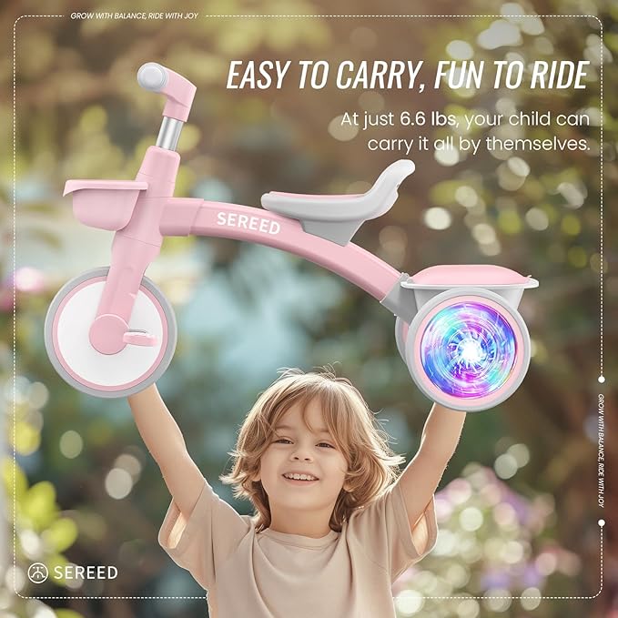 SEREED Colorful Lighting Toddler Tricycle for 2-5 Years Old Girls, Adjustable Seat&Handlebar Trike, Removable Basket, Birthday Gift Idea for Kids Ages 2+ (Pink)