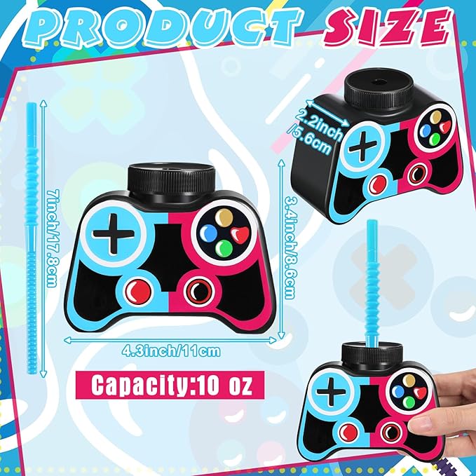 Mifoci 12 Pcs Plastic Video Game Party Cups with Straw and Lid 10oz Gamer Birthday Themed Drink Cups 7th Video Game Party Favors for Kids Toddlers Gamer Birthday Supplies (Blue and Rose Red)