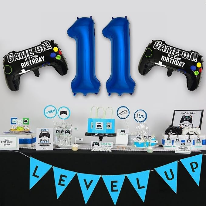 Navy Blue Video Game Party Supplies Boys 11th Birthday Party Decorations- 2 Packs Game On Balloons with Dark Blue Number 11 Balloon