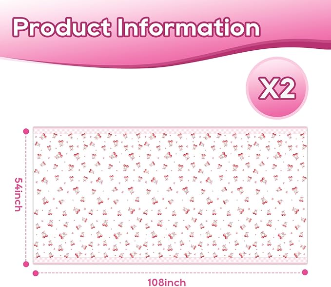 Pink Cherry Tablecloth for Kids, 54×108 Inch Cute Plastic Table Cover with Sweet Cherry Pattern, Disposable Table Decoration for Girls Birthday Party or Picnic, Rectangle Waterproof Tables Cloth