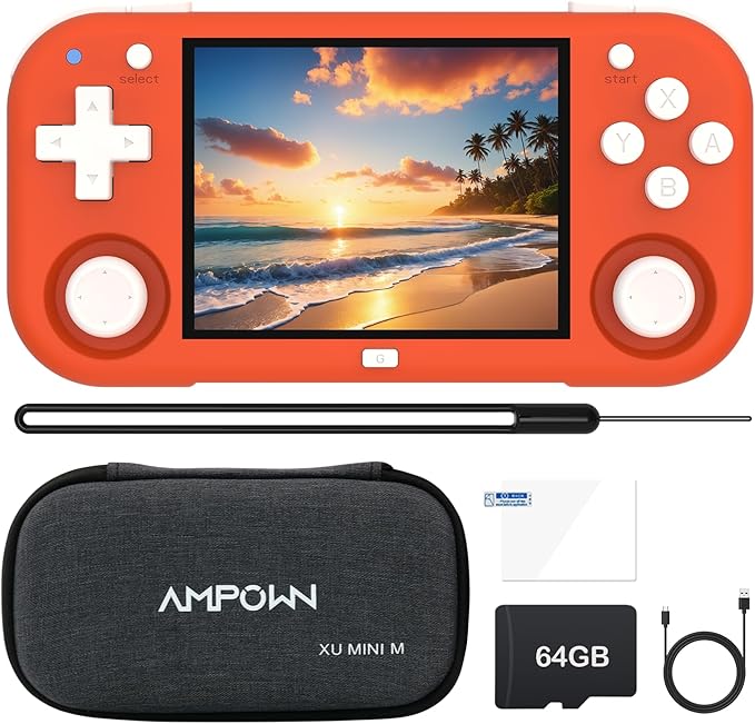 XU MINI M Retro Handheld Game Consoles, 2.8 inch IPS Screen, Built-in 64G TF Card, with 2600 mAh Battery Life 6 Hours with Case Orange