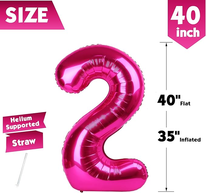 40 Inch Hot Pink Number 2 Balloon, Giant 2 Number Balloons for 2nd Birthday Decorations, Party Supplies for Baby Boy Girl, Hot Pink Party Decor