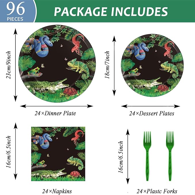 Reptile Lizard Snake Birthday Party Supplies Tableware Kit for 24 Guests Camping Wildlife Snakes Party Plates Napkins Decorations and Favors with Wilderness Jungle Alligator Turtle Tablecloth