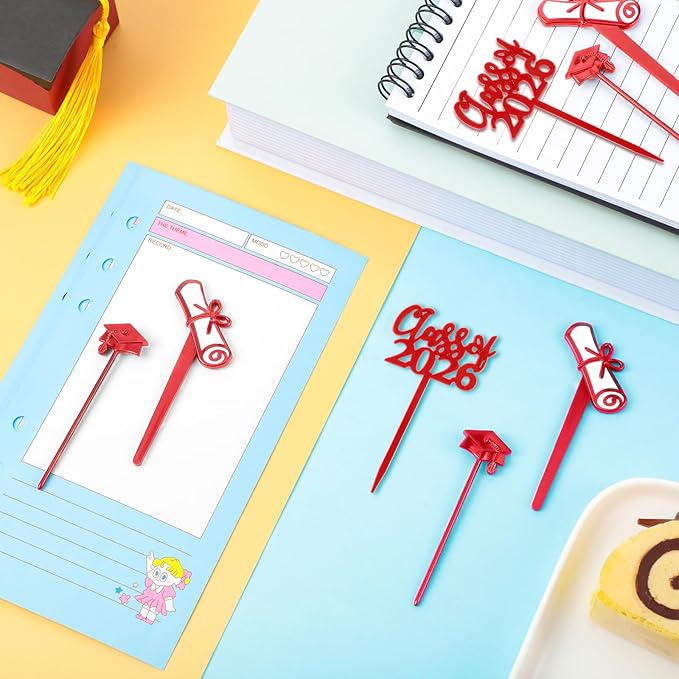 Boao 90 Pieces Class of 2026 Theme Graduation Cake Topper Plastic Cupcake Picks Graduation Cupcake Decorations for Party Supplies and Favors, 3 Styles(Red)