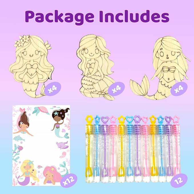Mermaid Party Favors - 12 PCS Mermaid Birthday Party Supplies - Bubbles & Paint Crafts - Mermaid Birthday Decorations Goodie Bags Gifts Prizes for Kids Girls Toddler
