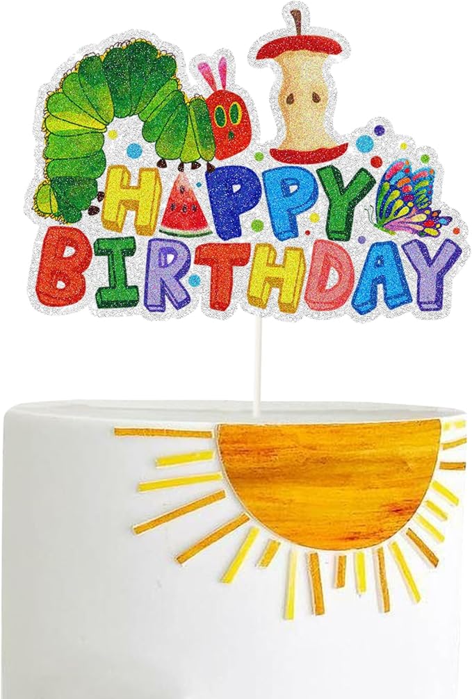 Green Caterpillar Happy Birthday Cake Topper,Reading Story Theme Birthday Cake Decor,Children's Fairy Tale Party or 1st 2nd 3rd Birthday Party Decorations