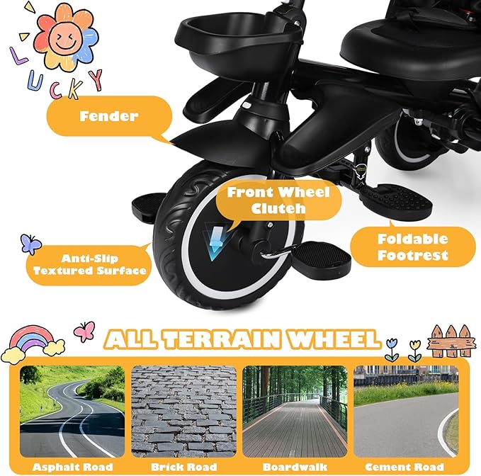 Folding Kids Tricycle, 8 in 1 Toddler Trike W/Removable & Adjustable Canopy, Parent Handle, 5-Piont Harness, Toddler Bike Tricycle for Kids 1-6 Years, EVA Wheels, Storage Basket, Black