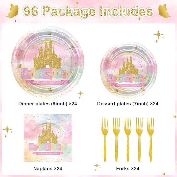 Avezano 96 PCS Princess Birthday Party Decorations Rainbow Gold Castle Plates Napkins Tableware Set for Girls Birthday Party Supplies, Serves 24