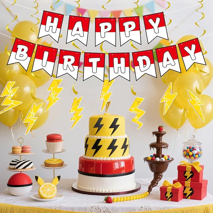 Cartoon Birthday Banner 8pcs Lightning Hanging Swirls Party Decorations, Flash Weather Streamers Gold Lightning Hanging, Kids Yellow Red White Birthday Party Decor for Kids Party Supplies