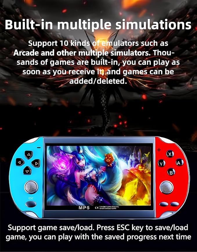 Color Video Game Console 4.3 inch Dual Joystick Built-in 3000 Retro Games Support Arcade CPS/gba/gbc/gb/SFC/fc Video/Music/E-Book AV Out Rechargeable Lithium Battery Children's Gift(Bluered)