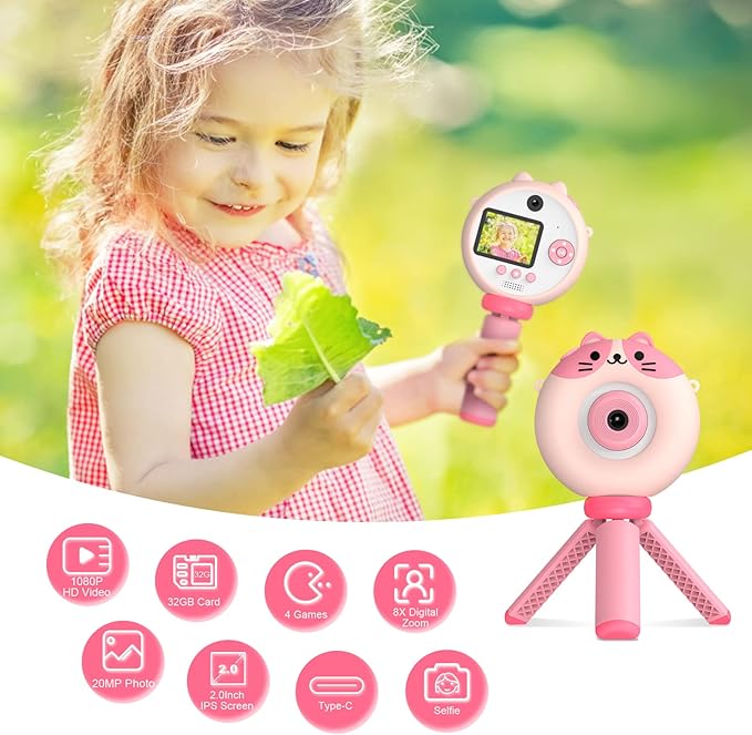 Kids Camera with Tripod, Digital Camera for Kids Aged 3-12, HD Kids Digital Camera with 1080P Video Recording, Durable ABS Material, Toys Camera for Boys Girls with 32GB Card(Pink)