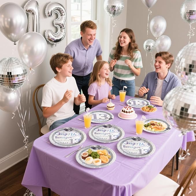 Grencian 96Pcs 13th Birthday Decorations for Girls Silver Disco Iridescent 13th Birthday Plates and Napkins Disposable Paper Tableware for Girls 13 Year Old Party Supplies, Serves 24