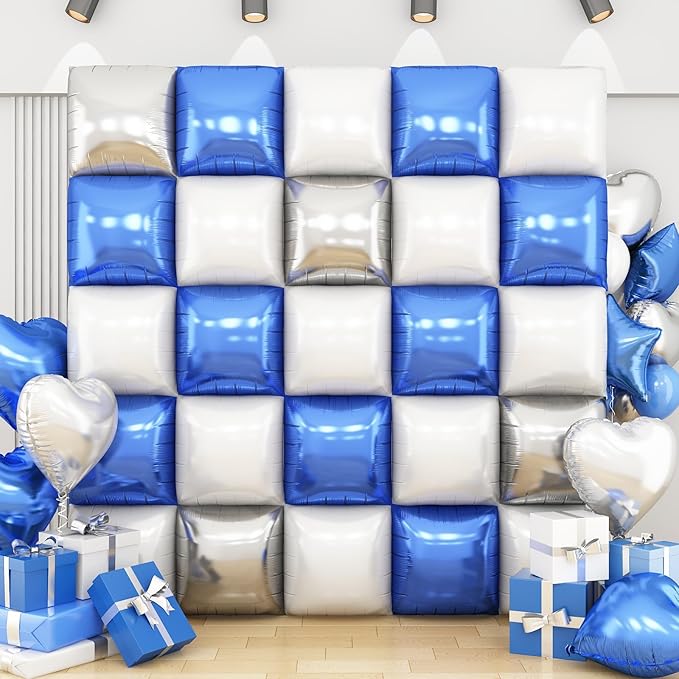 Blue Silver White Square Foil Balloon Wall,25Pcs Double Sided Foil Balloons Backdrop Helium Polyester Tunnel Arch Garland Kit for Birthday Bridal Anniversary Baby Shower Party Decorations