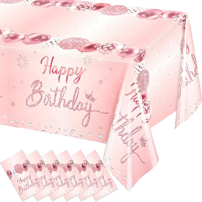 WNINK 6 Pack Pink & Rose Gold Happy Birthday Tablecloths, Disposable Plastic Rectangular Table Covers for 6th 21st 30th 40th 50th Women Girls Birthday Party 54 x 108 Inches