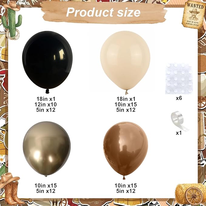 Brown and Black Balloon Garland Arch Kit, Nude Dark Brown Tan Black Gold White Sand Latex Party Balloons for Cowboy Western Wild West First Rodeo Country Farm Baby Shower Birthday Party Decorations