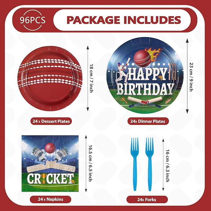96Pcs Cricket Birthday Party Decoration Sports Theme Ball Plates and Napkins Blue Red Cricket Disposable Paper Tableware Set for Adults Kids Boys Girls Birthday Party Supplies Serves 24