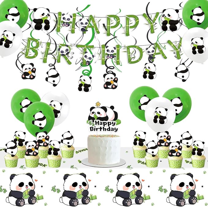 65pcs Cute Panda Birthday Party Supplies Set Panda Birthday Banner Hanging Spiral, Cake Toppers,Balloons Tablecloth Baby Shower Panda Party Decorations