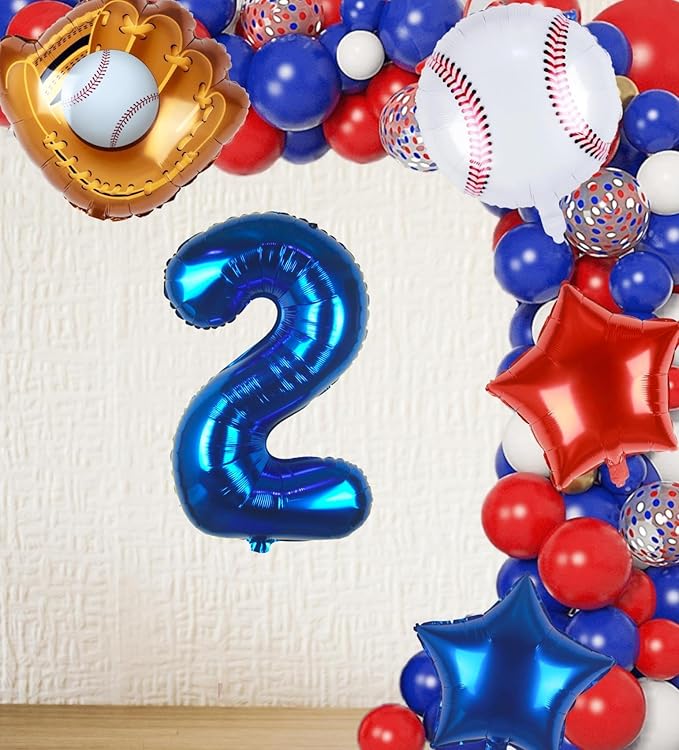 Baseball Balloons 2nd Birthday Decorations for Boys | Baseball Birthday Decoration Sports Theme Party Supplies, 32Inch Foil Mylar Number 2 Balloon Navy Blue Red White Sports Balloon Arch Kits