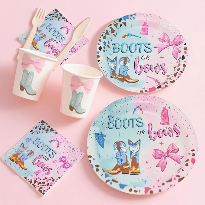 180Pcs Boots Bows Gender Reveal Birthday Party Supplies Serves 60，Gender Reveal themed Party Paper Plates and Napkins Set for Baby Shower Cowboy Boy or Girl Birthday Party Decorations.