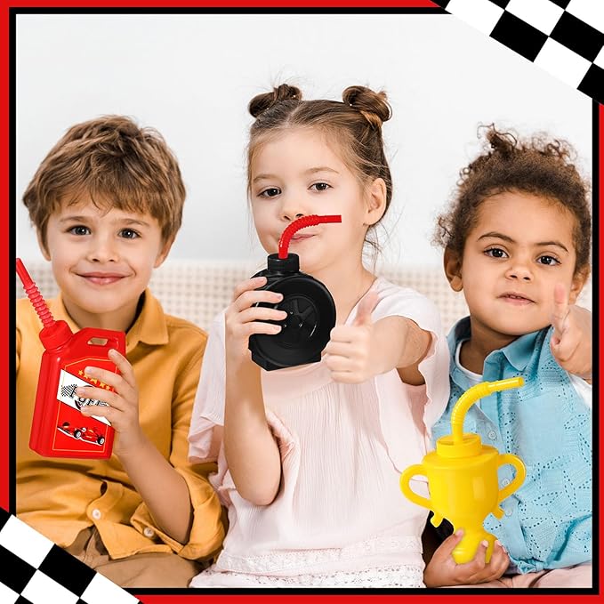 Mifoci 24 Pcs Race Car Cups with Straws Plastic Traffic Tire Shaped Cup Red Race Car Fuel Cups Yellow Trophy Cups Race Car Party Supplies for Racing Car Construction Birthday Party Decoration