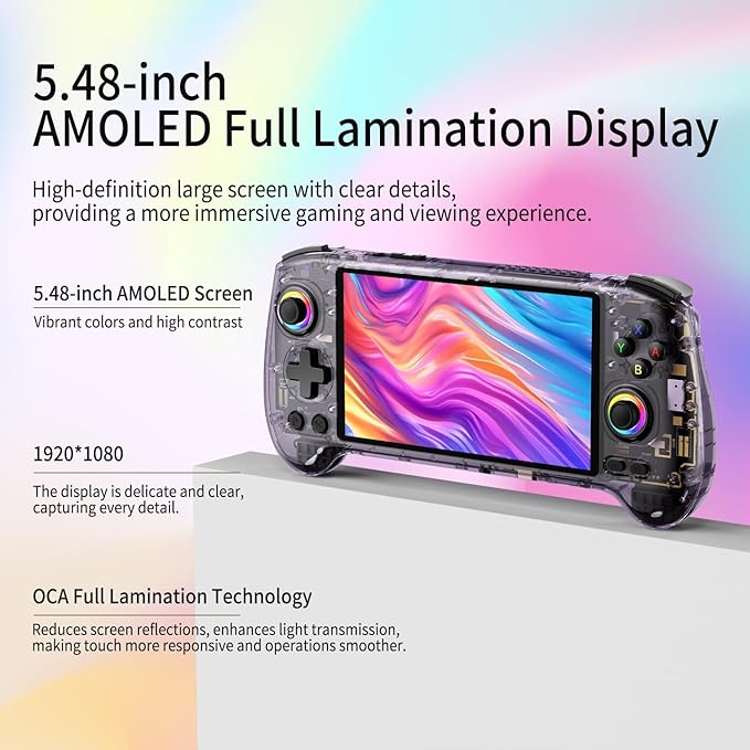 RG557 Retro Handheld Game Console , 5.48 Inch AMOLED Screen Handheld Emulator Android 14 System Dimensity 8300 Processor Support WiFi 6E Bluetooth 5.3(Transparent Purple)
