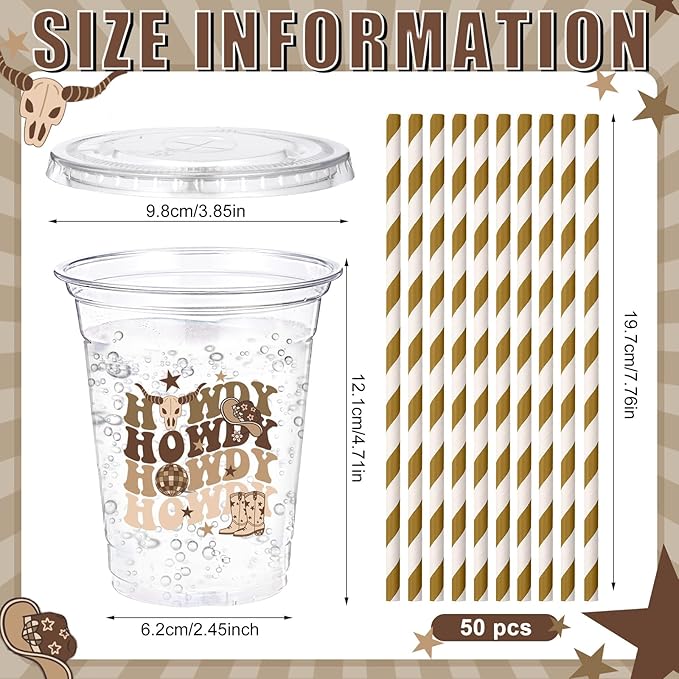 Yungyan 50 Sets Western Cowboy Plastic Cups with Lids and Straws 16 oz Howdy Brown Cowboy Cowgirl Coffee Juice Drinking Cups for Western Party Decoration Wedding Birthday Bachelorette Party Supplies