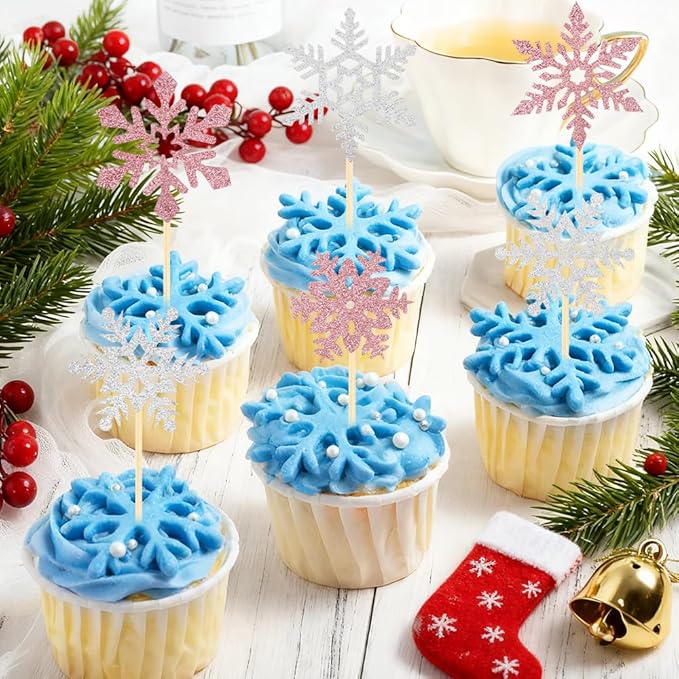 Snowflake Cupcake Toppers, 24PCS Glitter Winter Frozen Cupcake Picks Cake Decorations, Pink and Silver Snowflake Food Picks Topper for Christmas Winter Wonderland Baby Shower Party Decoration Supplies