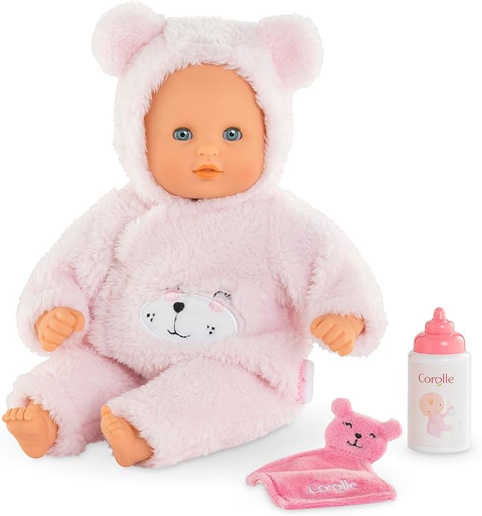 Corolle My First Baby Doll Cuddly Teddy Bear - 12" Soft Boy Baby Doll with Vanilla Scent, Pink Bear Outfit & Sleeping Eyes for Girls, Cute Reborn Realistic Baby Dolls for 2 Year Old Girls