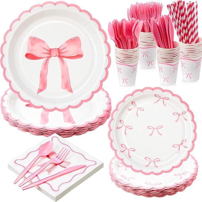192 Pcs Pink Bow Party Supplies Severs 24 Guests Coquette Birthday Decorations Includes Plates Cups Napkins Tableware Sets for Girl Bachelorette Bridal Engagement