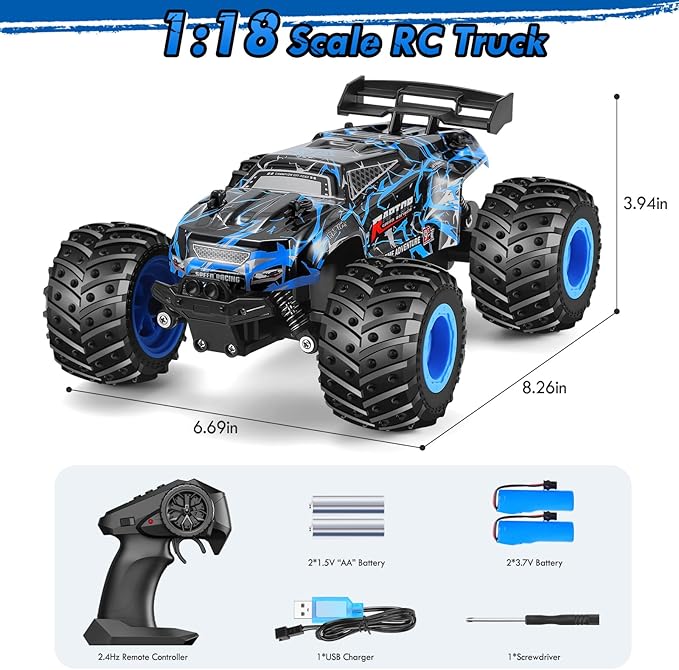 Remote Control Car, 1:18 Rc Cars, All-Terrain RC Truck with LED Light, 20KM/H, Rechargeable, 2WD, 2.4GHz, Sturdy PVC Shell, Remote Control Truck for Boys 4-7 8-12, Beginner