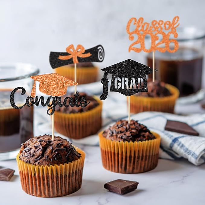 Black and Orange Graduation Cupcake Toppers Decorations Class of 2026 Cupcake Topper Graduation Cup Cake Picks Congrats Grad Party Decor Supplies Set of 24