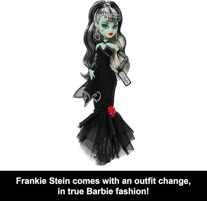 Monster High x Barbie Frankie Stein Doll with Original Barbie-Inspired Swimsuit and Solo in The Spotlight Black Evening Dress, Accessories