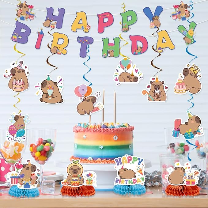 Capybara Birthday Party Decorations Include Capybara Happy Birthday Banners Hanging Swirls Honeycomb Centerpiece Cute Capy Bday Animals Decor Supplies