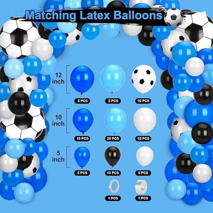 Soccer Birthday Party Decorations, 131PCS Blue Soccer Birthday Party Supplies Including Tablecloth Backdrop Banner Cake Topper Latex Balloons Foil Balloons Decorations Kit for Sport Ball Theme