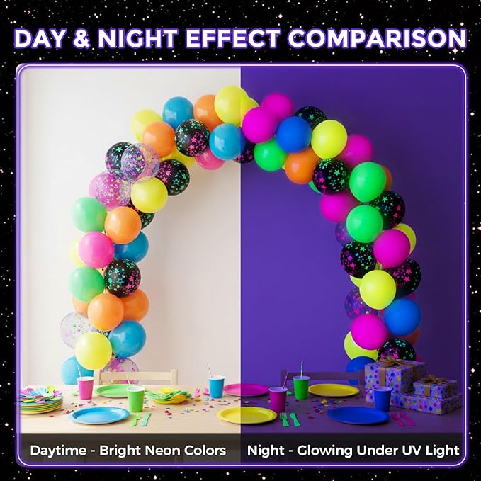 LovesTown 66PCS UV Neon Glow Party Set, 12" Fluorescent Glow Latex Decorations with Stars for Birthday, Wedding & Party Supplies