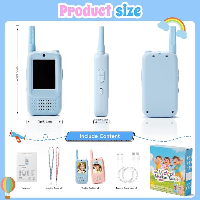 2-Pack Kids Walkie Talkies with Video Calling, No Wi-Fi Needed for 2-Way Video Chat, Rechargeable Handheld Video Intercom for Indoor Outdoor Play, Camping, Gift for Boys Girls Ages 3-12 (Blue/Pink)