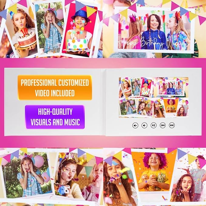 Custom Kids Birthday Video Card – Add Your Photos – Personalized Slideshow Gift for Boys & Girls – LCD Screen Digital Video Card, 7” IPS Display, 4GB, USB Charger