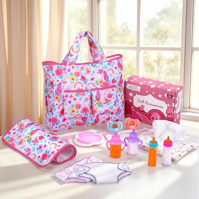 BABESIDE 14 Pcs Baby Doll Diaper Bag Set with Magic Bottles, Baby Doll Accessories Includes Changing Mat, Diapers and Bottle with Disappearing Milk for 12-16 Inches Dolls Kids Gift
