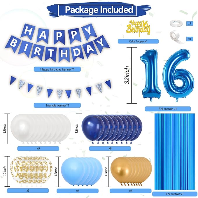 16th Birthday Decorations, Dark Happy Birthday Party Decorations With Number 16 Balloons Metallic Gold Pearl White Light Blue Fringe Curtain Banner Cake Topper For Boy Girl Party Supplies