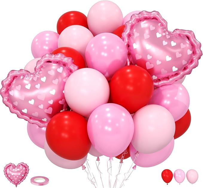 Red and Pink Balloons, Pink Red Pearl Pink Balloons with Heart Foil Balloon for Engagement Anniversary Wedding Party Supplies Valentines Day Decorations