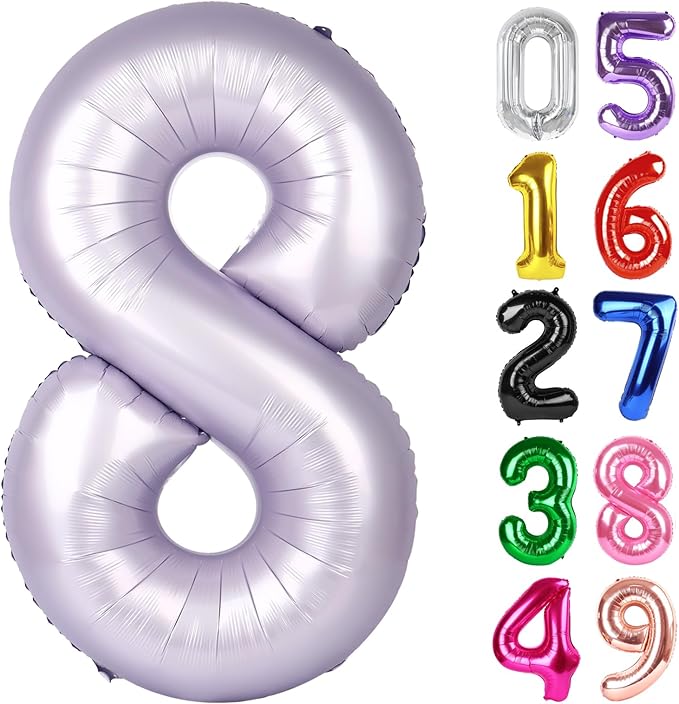 Lilac Number 8 Balloon 40 Inch, 8th Birthday Party Decorations for Children, Giant 8 Foil Balloon for Party Supplies