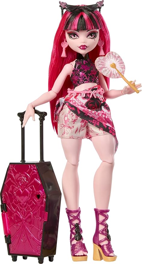 Monster High Skulltimate Secrets Draculaura Doll and Accessories Set, Destination: Gore-geous Oasis with Suitcase and 19+ Surprises Like Clothes