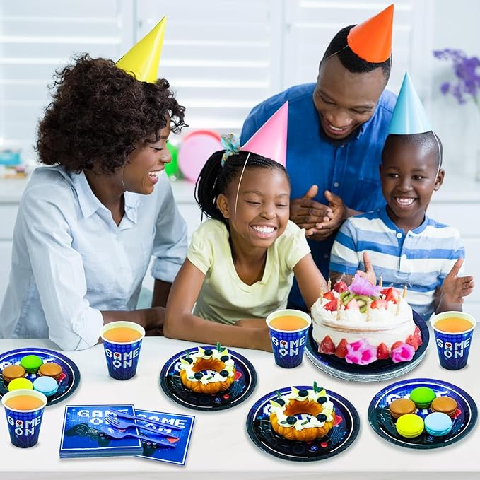 175 Pcs Video Game Party Supplies Set Paper Plates Napkins Cups Forks Knives and spoons serve for 25 Guests Game Birthday Party