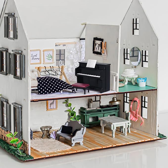 HEALLILY Mini Dollhouse Piano: Black Plastic Dollhouse Piano and Stool Set with Music Sheet for Scene Shooting Props Doll House Decoration, 3.58 X 2.75 X 1.45 Inches