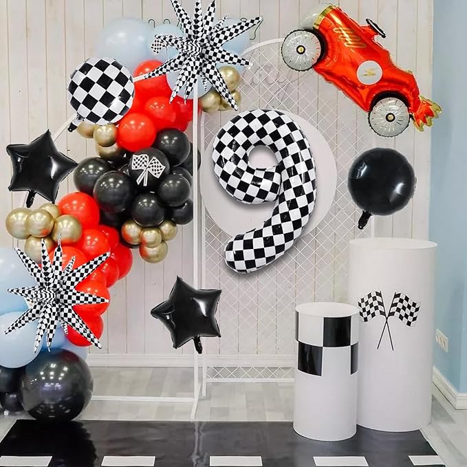 TONIFUL 40 Inch Checkered 9th Birthday Balloons Set Number 9 Race Car Black White Checkered Round Explosion Star Balloons Boys Race Car Themed Birthday Party Decoraction